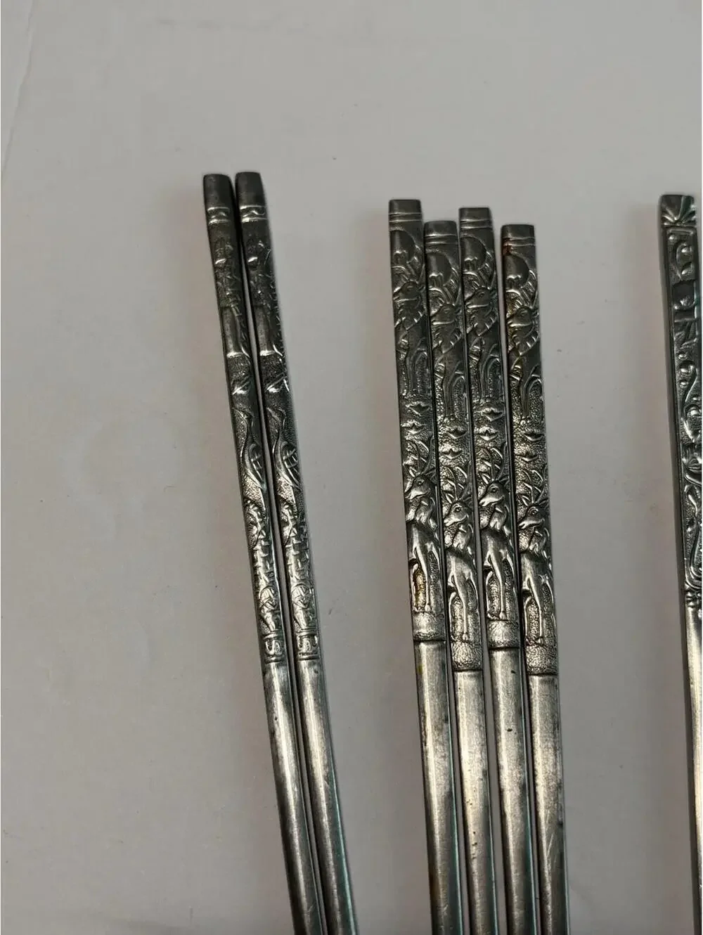 Vintage 7 Pairs Stainless Steel Metal Reusable Chopsticks w/Bird Etchings.